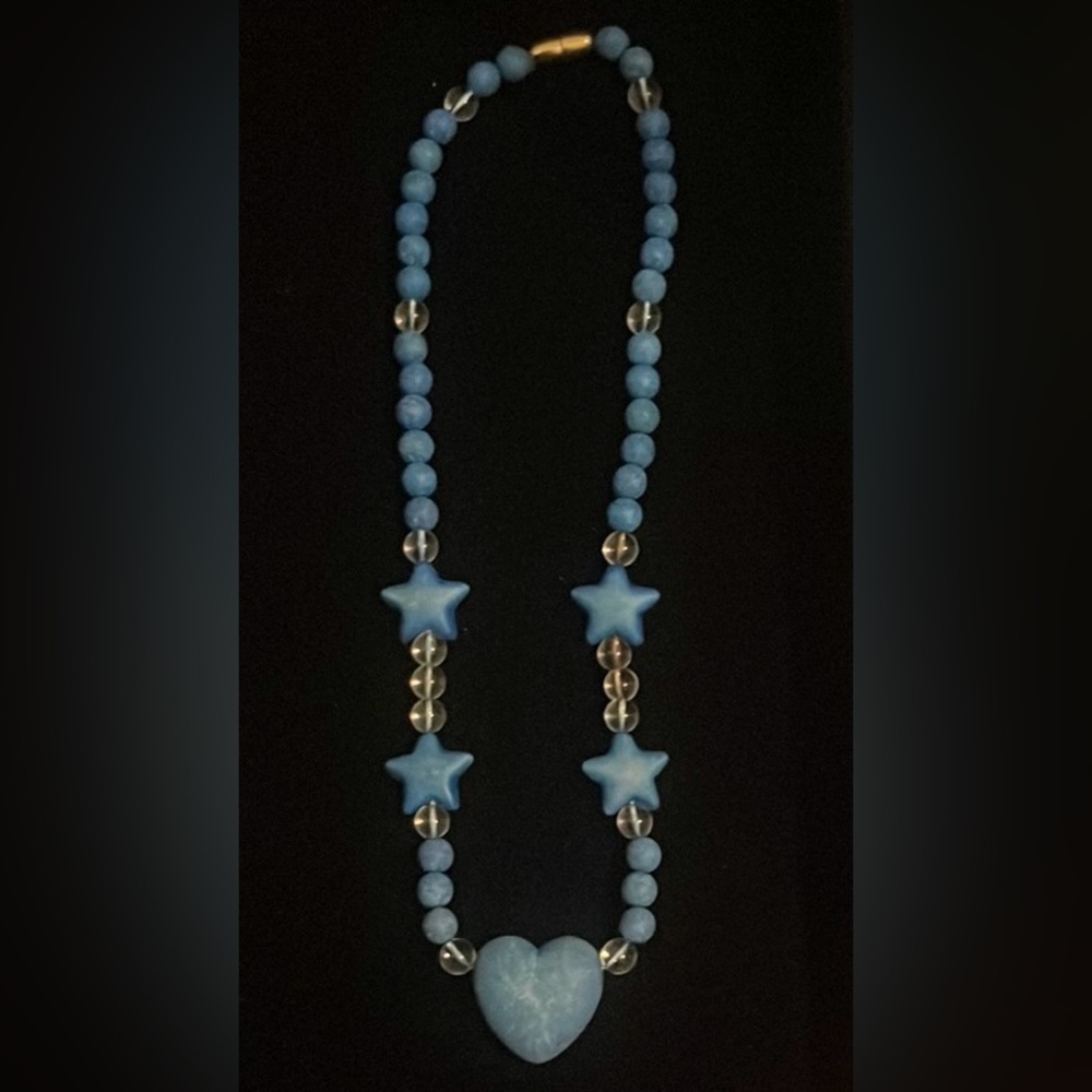 Whimsical Blue Heart and Star Beaded Necklace